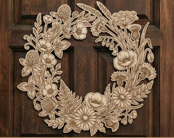Corona de flores silvestres para puerta, archivo SVG para corte láser, decoraciones de ventanas de verano, coronas florales de madera, archivos para Cricut y Glowforge, decoración de bienvenida al hogar.