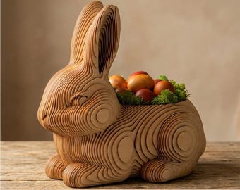 Archivo de corte SVG de conejito de Pascua, canasta de huevos DIY, decoraciones de conejo de rompecabezas 3D, maceta de primavera, centro de mesa de cumpleaños de bosque, bandejas de dulces