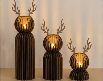 Archivos SVG de portavelas cortados con láser, paquete de lámparas de té navideñas, juego de 3 decoración de linternas de ciervo, candelabro de té, centro de mesa DIY