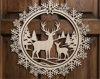 Corona de renos para puerta, archivo SVG para corte láser, decoraciones navideñas para ventanas, coronas de invierno de madera, archivos para Cricut y Glowforge, decoración de bienvenida al hogar.