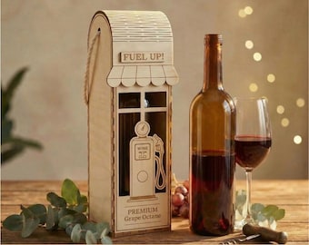 Funny wine box SVG laser cut file, Wooden bottle holder cutting files, Decorative wine lover wood gift boxes, Petrol station design template