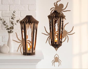 Halloween Lanterns SVG, Light Lantern laser cut file, Scary candle holder files, Tealight lamp set of 2, Spider home decorations, 3D puzzle