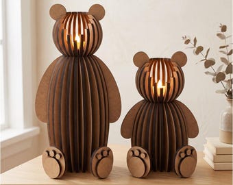 Laser cut teddy bear candle holder SVG file, Glowforge ready files, Tealight lamp set, Woodworking projects, Baby shower tea light lanterns