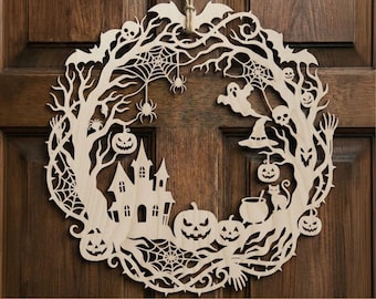 Archivo de corte láser SVG para corona de puerta de Halloween, decoraciones de ventanas terroríficas, coronas de otoño de madera, archivos para Cricut y Glowforge, decoración de bienvenida al hogar.