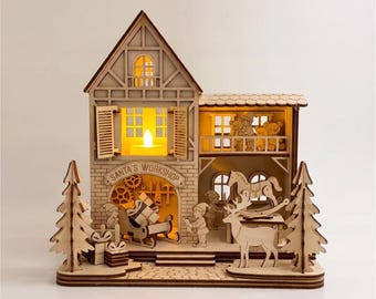 Christmas village house SVG laser cut file, Santa home, Santas Workshop, 3D miniature dollhouse lantern, Gnome decor, Glowforge ready files