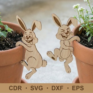 Può includere: Due decorazioni a forma di coniglio in legno con caratteristiche da cartone animato, appese al bordo di vasi in terracotta. I conigli hanno espressioni facciali dettagliate e sono realizzati in legno di colore chiaro. La parte inferiore dell'immagine include il testo "CDR • SVG • DXF • EPS".