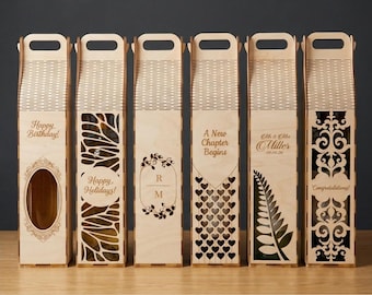 Wine gift box bundle SVG laser cut file, Wooden bottle holder cutting files for lasers, Decorative wood boxes DXF template, Set of 6 designs