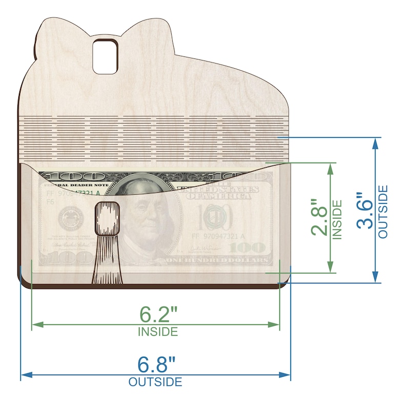 May include: A wooden cat-shaped wallet with a slot for cash. The wallet is 6.8 inches wide and 3.6 inches tall. The inside dimensions are 6.2 inches wide and 2.8 inches tall. A $100 bill is visible inside.
