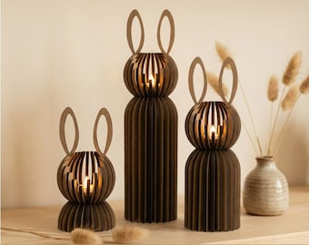 Laser cut candle holder SVG files, Easter tealight lamp bundle, Bunny lantern decor set of 3, Tea light candlesticks, DIY Table centerpiece