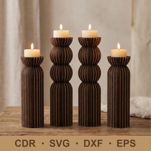 May include: Four wooden candle holders with lit candles. The holders are dark brown with a ribbed design and a decorative top. The candles are white and cylindrical. The bottom of the image has the text "CDR • SVG • DXF • EPS".