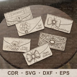 May include: A collection of intricately designed greeting card templates. The cards feature various designs, including a treasure chest, balloons, a bow, and floral elements. Each card has a unique message, such as "Happy Birthday!" and "Best Wishes!"