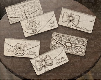 Birthday money envelopes SVG files for laser cutting, Cash gift holder 6 bundle, Envelope gifts, Wood box cut file, Wooden Clutch purse DIY
