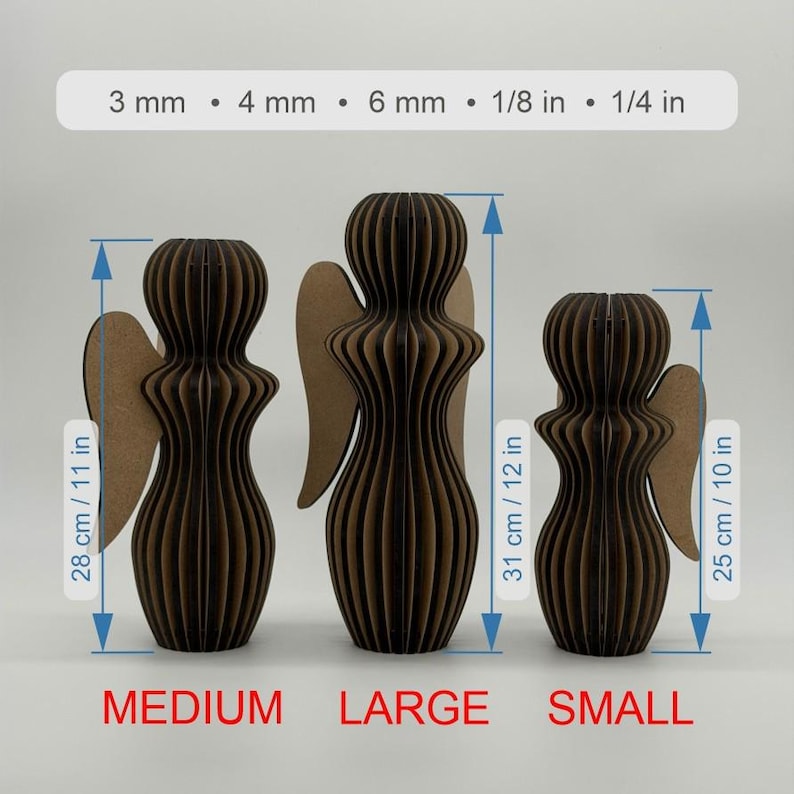 May include: Three brown, ribbed, angel-shaped figures in small, medium, and large sizes. The figures are labeled with heights of 10 inches, 11 inches, and 12 inches, and material thicknesses of 3 mm, 4 mm, 6 mm, 1/8 inch, and 1/4 inch.