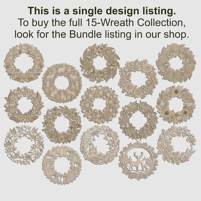 Puede incluir: Una colecci&oacute;n de 15 dise&ntilde;os de coronas circulares de madera con varios motivos que incluyen flores, animales, escenas festivas y elementos estacionales. El texto dice: This is a single design listing. To buy the full 15-Wreath Collection, look for the Bundle listing in our shop.