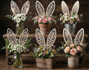 Bunny ears SVG laser cutting file, Easter centerpiece decorations, Wooden bunnies on stick set of 6, Cricut and Glowforge files, Home decor