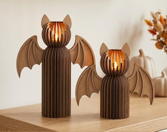 Halloween bat candle holder SVG file, Laser cut tea light holders, Set of 2 bats tealight lamps, DXF files for woodworking, Scary lanterns