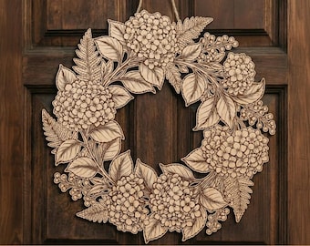 Corona de hortensias para puerta, archivo SVG para corte láser, decoraciones de ventanas de verano, coronas florales de madera, archivos para Cricut y Glowforge, decoración de bienvenida al hogar.