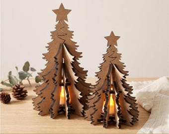 Christmas tree SVG, Wood laser cut files,  Xmas decorations, Candle holder DXF, Holiday home decor, Cutting machine designs, Wooden 3D lamp