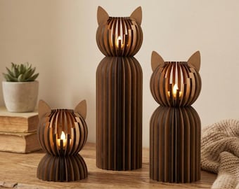 Laser cut candle holder SVG files, Cat lover gift, Lantern decor set of 3 cats, Tealight lamp bundle, Animal tea light table centerpieces