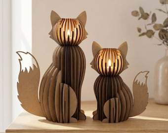 Portavelas de zorro cortado con láser (archivo SVG), decoraciones de animales del bosque, archivos para lámparas de té, juego de decoración de faroles con 2 zorros, centros de mesa para velas de té.