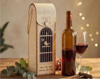 Funny wine box SVG laser cut file, Wooden bottle holder cutting files, Decorative wine lover wood gift boxes, Bird cage design template