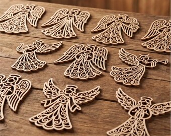 Christmas angels SVG bundle,  Laser cut files for 10 Xmas tree decors, Wood or paper cutout vectors, Decorative lasercut design, Cricut plan