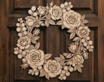 Corona de puerta de rosas y eucalipto (archivo SVG para corte láser), decoración de ventanas de verano, coronas florales de madera, archivos Glowforge, decoración de bienvenida al hogar.
