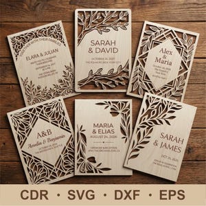 May include: A collection of laser-cut wooden wedding invitations with intricate floral and geometric designs. Each invitation features names, dates, and locations, with text such as "Sarah & David" and "October 26, 2027". The invitations are displayed on a wooden surface.