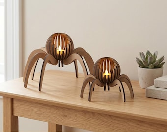 Halloween spider candle holder SVG files, Laser cut tea light holders, Set of 2 spiders tealight lamps, Woodworking file, Spooky lanterns