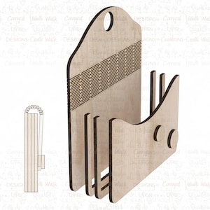 May include: A wooden magazine rack with a handle and a series of slots for storage. The rack has a unique design with a curved front and a series of vertical supports. The wood has a natural, light color.