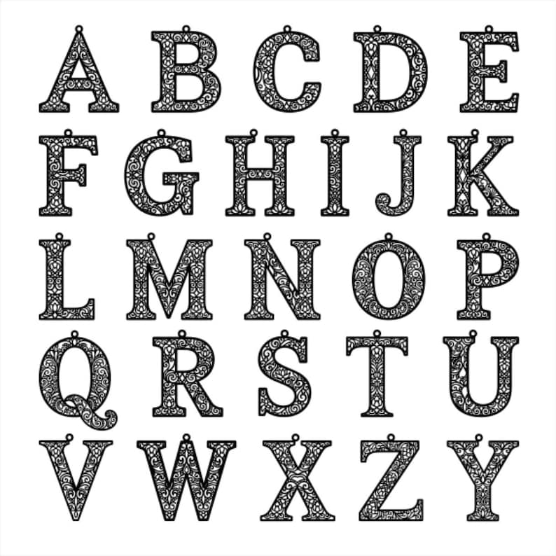 May include: A collection of twenty-six black letter pendants, each featuring an intricate, filigree-style cutout pattern. Every letter of the alphabet is represented in a bold, serif font, and each piece includes a small loop at the top for hanging.