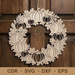 Archivo SVG de corte láser para corona de puerta de otoño, decoraciones de ventanas de otoño, coronas de calabaza de madera, archivos para Cricut y Glowforge, decoración de bienvenida al hogar.