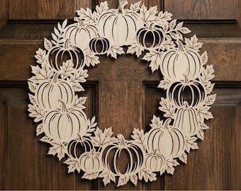 Archivo SVG de corte láser para corona de puerta de otoño, decoraciones de ventanas de otoño, coronas de calabaza de madera, archivos para Cricut y Glowforge, decoración de bienvenida al hogar.