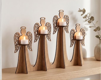 May include: A wooden candle holder featuring four angel-shaped silhouettes of varying heights, each with intricate cut-out wing details and a small circular platform holding a white tea light candle. The text CDR, SVG, DXF, EPS is visible.