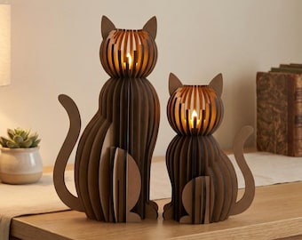 Laser cut candle holder SVG files, Cat lover gift, Tealight lamp bundle, 2 Cats lantern decor set, Tea light candlesticks, Table centerpiece