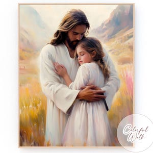 Safe in arms of Jesus, Christ hugging little girl Christianity wall art, Jesus portrait with girl Christian printables, DIGITAL LDS painting