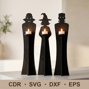 Pode incluir: Três castiçais de Halloween de madeira preta em forma de vampiro, bruxa e monstro de Frankenstein. Cada figura segura uma vela acesa. A parte inferior da imagem tem o texto: CDR, SVG, DXF, EPS.