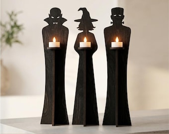 Halloween figures candle holder SVG files, Laser cut Vampire Witch Monster tea light holders, Set of 3 decors, Woodworking file for lasercut