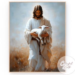 May include: A painting of a man in white robes holding a white lamb in his arms. The man is looking down at the lamb. The background is a field of brown grass.