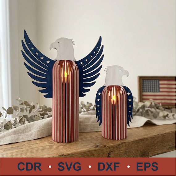 4th July USA Independence day laser cut candle holder SVG file, Eagle lamp file bundle, Eagles tea light lantern decor, Table centerpieces