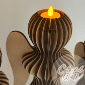 May include: A laser-cut wooden angel figurine featuring a layered, ribbed design with a light brown finish. The top of the angel holds a small, glowing yellow LED tea light candle. The text "Colorful Walk" is printed in a script font on the lower right.