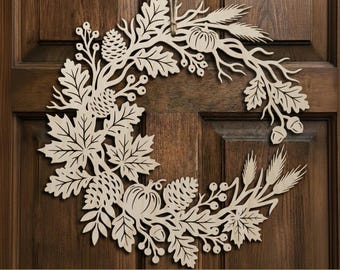 Corona de puerta otoñal, archivo SVG para corte láser, decoraciones de ventanas otoñales, coronas de madera para Acción de Gracias, archivos para Cricut y Glowforge, decoración de bienvenida al hogar.