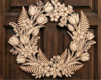 Spring door wreath SVG laser cutting file, Easter window decorations, Wooden tulip wreaths, Cricut and Glowforge files, Welcome home decor