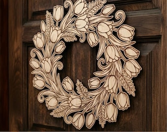 Spring door wreath SVG laser cutting file, Easter window decorations, Wooden tulip wreaths, Cricut and Glowforge files, Welcome home decor