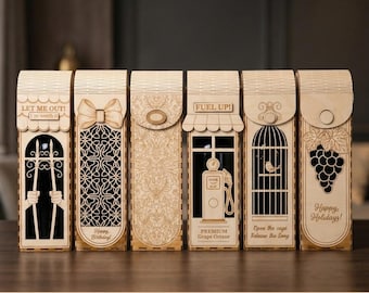 Wine gift box bundle SVG laser cut file, Wooden bottle holder cutting files for lasers, Decorative wood boxes DXF template, Set of 6 designs