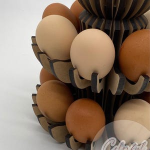 Puede incluir: Un portahuevos de madera de varios niveles con un dise&ntilde;o decorativo, lleno de huevos marrones y beige. El soporte tiene una combinaci&oacute;n de colores marr&oacute;n oscuro y beige. Los huevos son de diferentes tonos de marr&oacute;n y beige. El dise&ntilde;o es moderno y funcional.