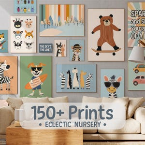 Paquete de arte de pared para habitación infantil, impresiones decorativas para guardería de niño y niña, decoraciones para sala de juegos infantiles, bosque ecléctico imprimible, conjunto de animales de safari
