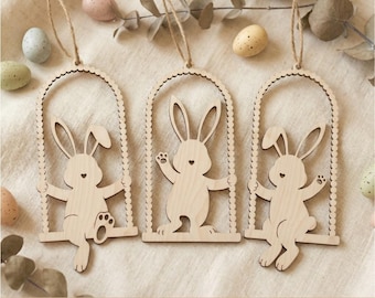 Bunnies on a swing SVG file for laser cutting or Cricut projects, Easter tree bunny ornaments, Decorative wood cut files, Door wreath decor