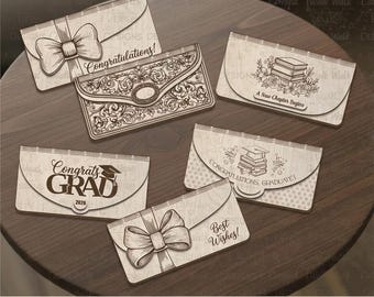 Archivos de corte SVG de alcancía de graduación, paquete de 6 sobres para efectivo, porta regalos para graduados, archivo de sobre cortado con láser, plano de billetera de madera DIY de Glowforge