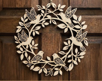 Spring door wreath SVG laser cutting file, Easter window decorations, Wooden bird wreaths, Cricut and Glowforge files, Welcome home decor